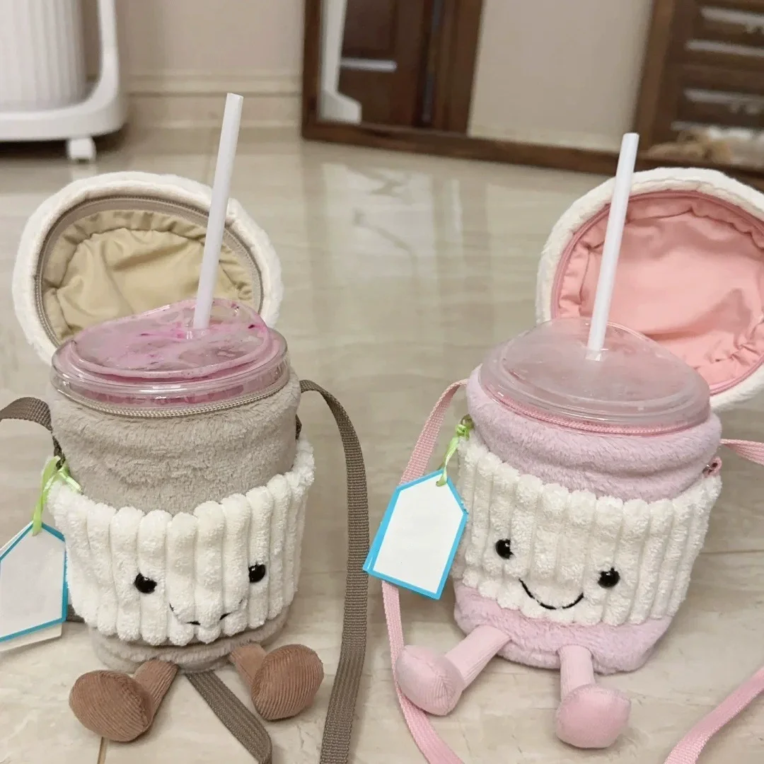 Apricot Lamb 18cm Coffee Milk Tea Plush Shoulder Bag Cute Cup Pink Slung Storage Bag Birthday Christmas Gift Jelly