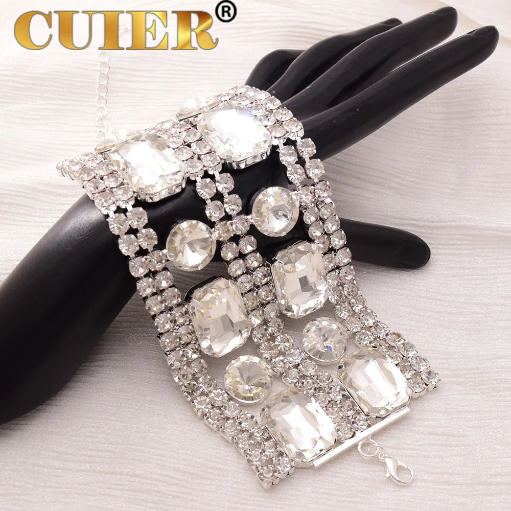 CUIER 7.5cm Width Luxury Big Glass Gemstones Women Bracelet Jewelry Drag Queen Bangle Huge Size Stage Accessories