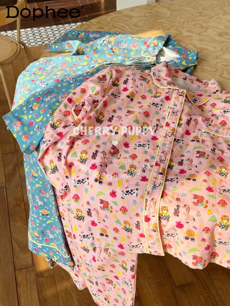 

Korean Style Autumn Winter Brushed Cotton Cute Cartoon Long Sleeve Pajamas Sweet Loose Casual Wearable Homewear for Women