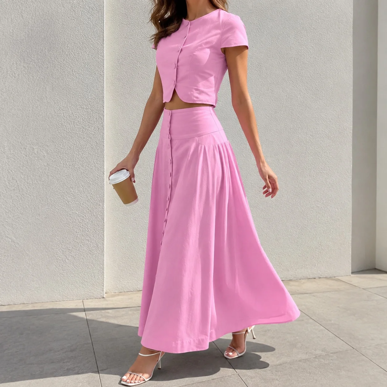 Patchwork Button Set with Maxi Length European and American Style Regular Sleeve Autumn Long Skirt Commuter Chic Women Dress