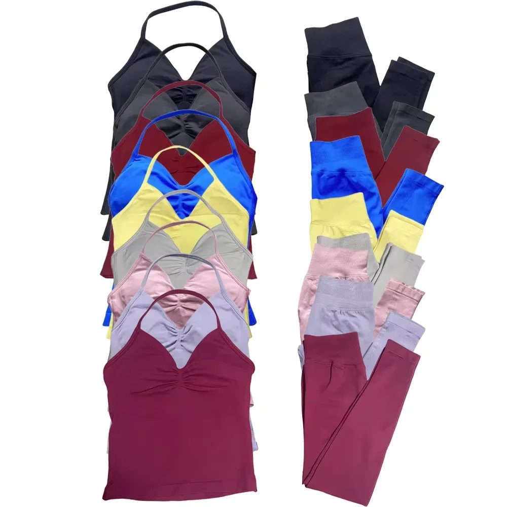 

2Pcs Yoga Set Leggings&Longline Strappy Vest Against Resistance Workout Fitness Same Color Women Seamless Pants Vest Sport Set