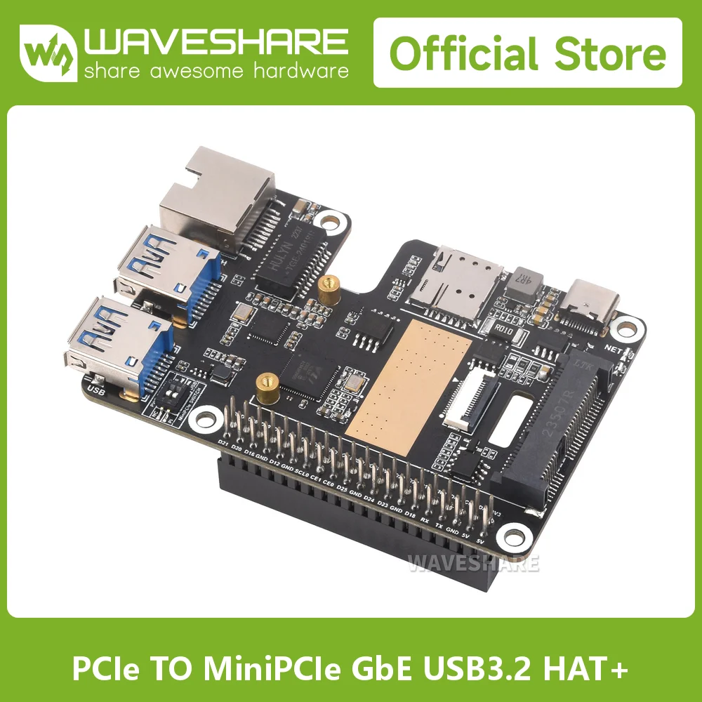 Waveshare PCIe to MiniPCIe/Gigabit Ethernet/USB 3.2 Gen1 HAT, Supports MiniPCIe interface 4G Module, Raspberry Pi 5 HAT