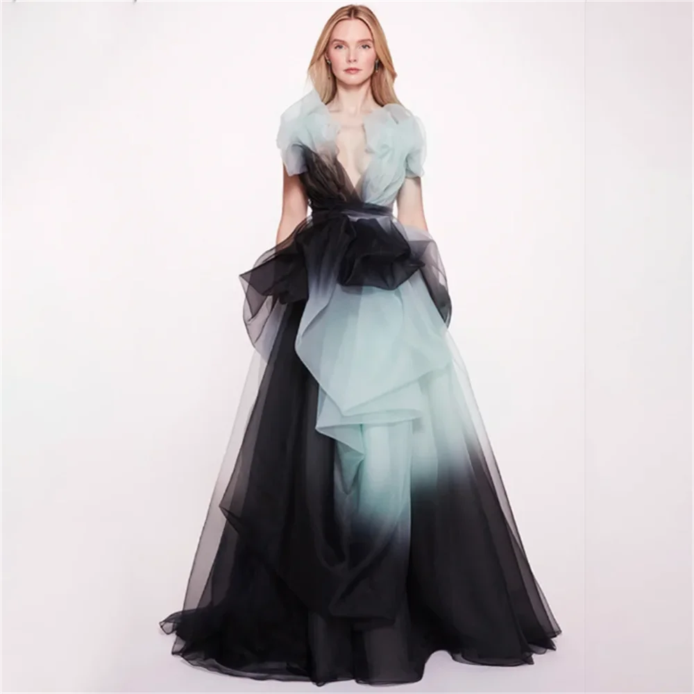 

Ruffles Flods Fromal Contrast Color Evening Dress Backless Celebrity Dresses Zipper Up Party Gown Elegance Customize