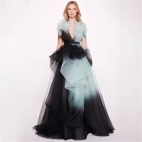 Ruffles Flods Fromal Contrast Color Evening Dress Backless Celebrity Dresses Zipper Up Party Gown Elegance Customize