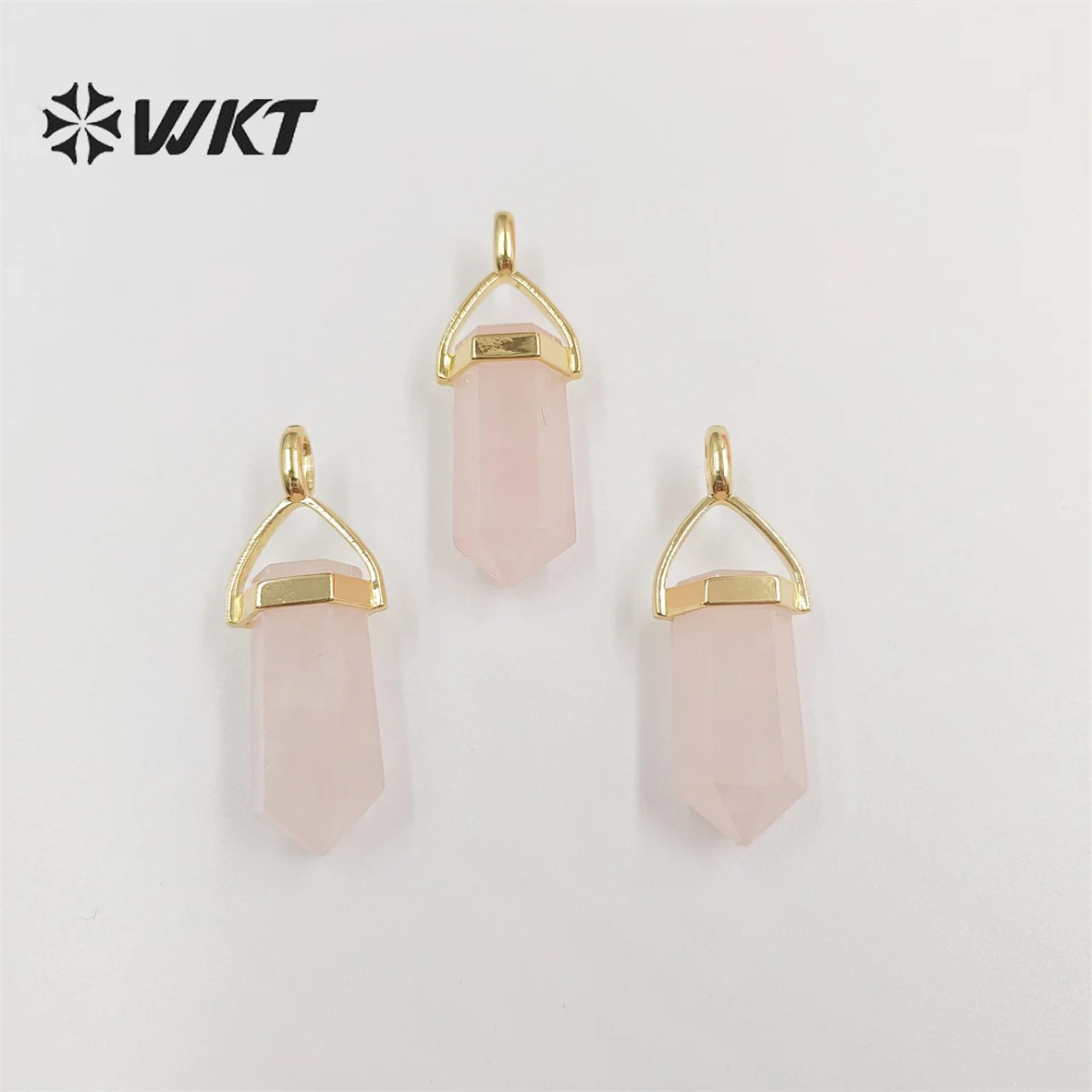 

WT-P1834 WKT New Hexagona Natural Rose Quartz Spirit Stone Pendant Small Short Fashion Gold Bezel Top Pink ACC Point