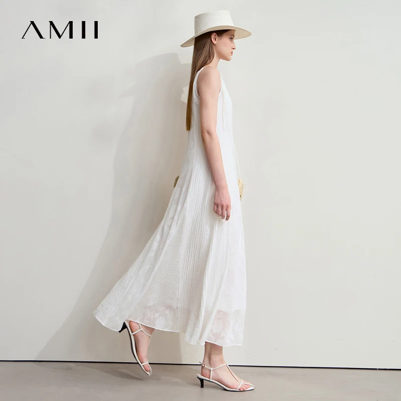 Amii بساطتها عطلة فستان بيج 2025 صيف جديد إمرأة مكتب سيدة قطع الأزهار ألف خط بلا أكمام التعادل عادية الجنية 12542190