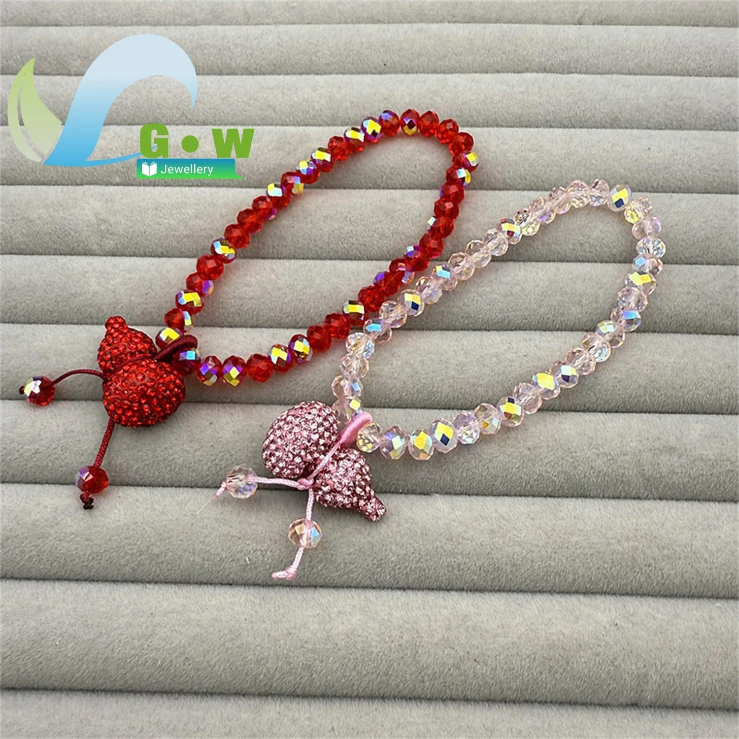 Pink Crystal Gourd Hand Chain Elegant Bowknot Pendant Diamond Cut Beads Bracelet Fashion Goddess Style Jewelry Delicate Shiny Sp