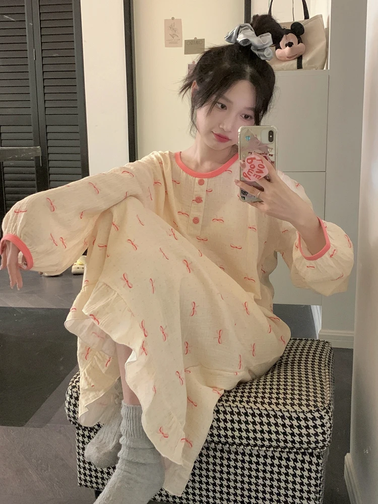 

Ins Style Women's Sleepwear Long Sleeve Oversized Comfortable Home Clothes Spring Autumn Middle Length Nightgown Sweet Home