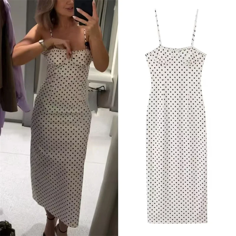 

Women's Dress 2026 Summer New Style White Polka Dot Spaghetti Strap Tight-Fitting Bustier Midi Dress Elegant and Stylish Sexy