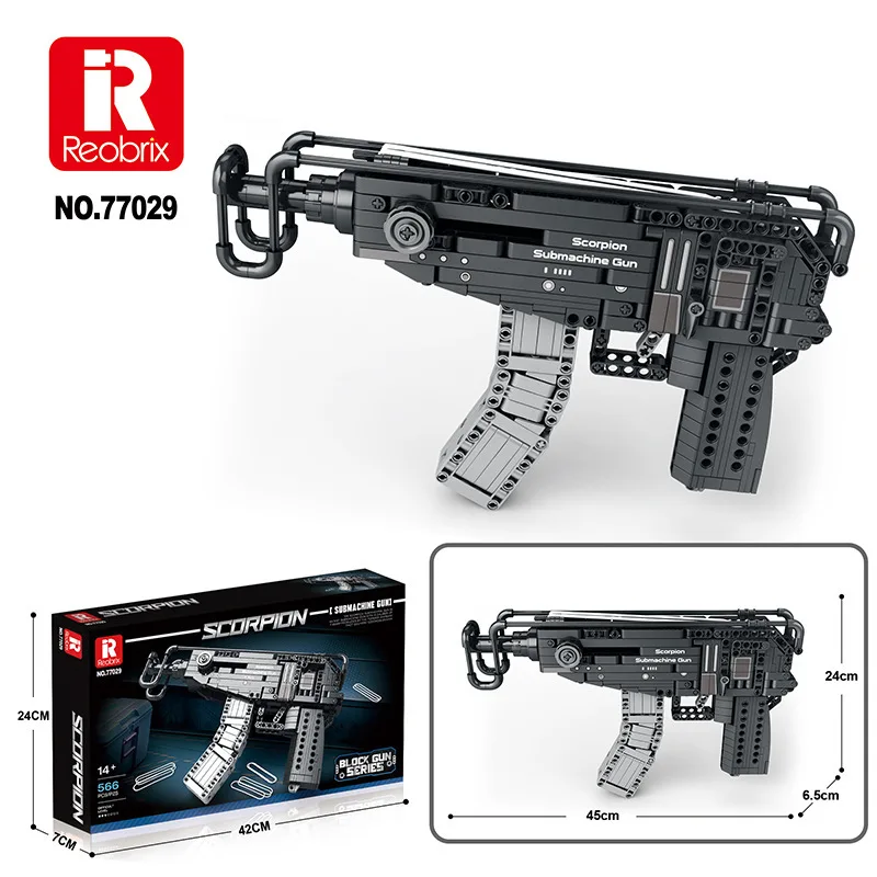 Reobrix 77029 Scorpion Submachine Gun Model Military Weapons Series DIY Toys Building Blocks Boy Christmas Gift 566Pcs