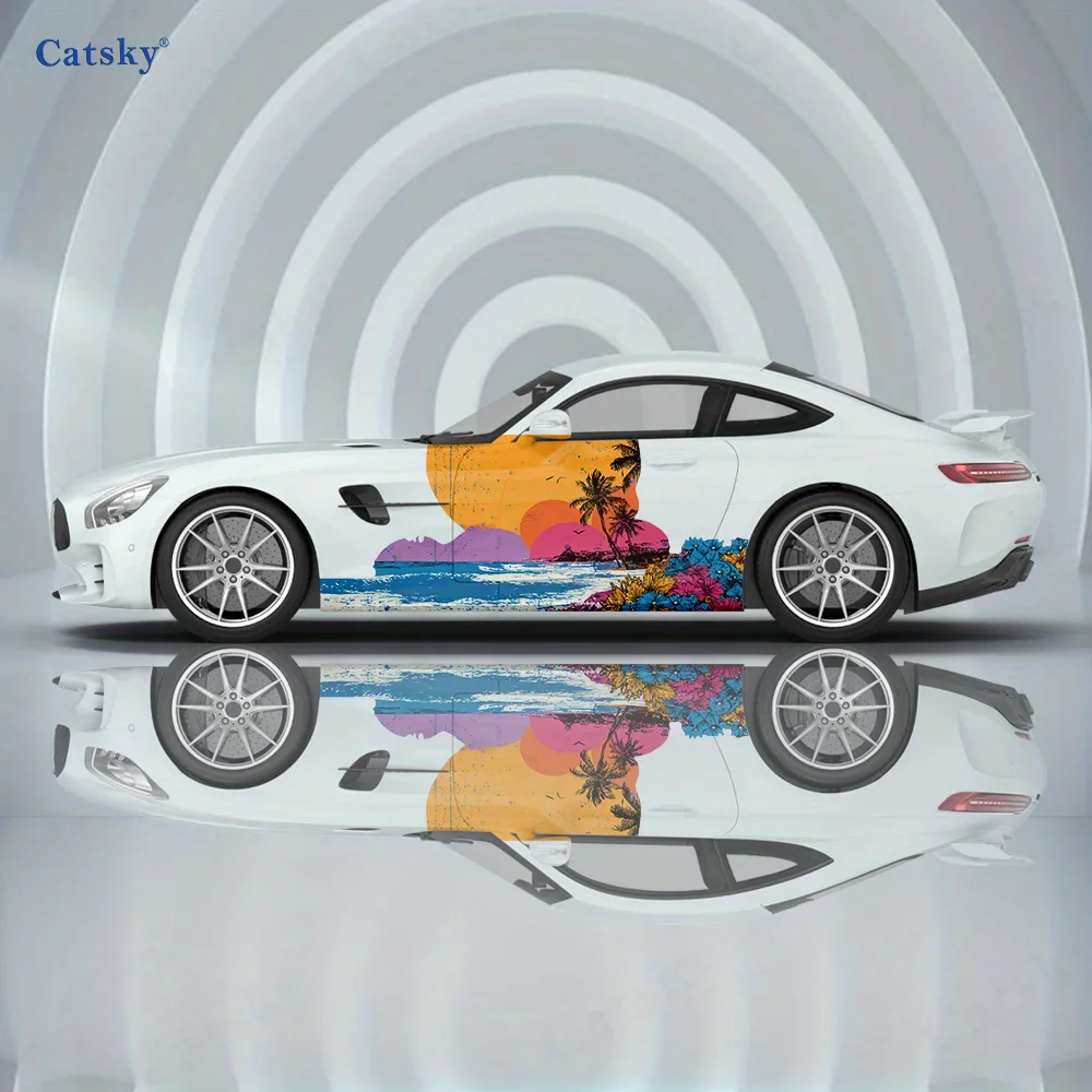 Summer Island Scenery Car Vinyl Wraps Decal Self-adhesive PVC Sticker Suitable for Trucks SUV Decoration Auto Accessories Gift