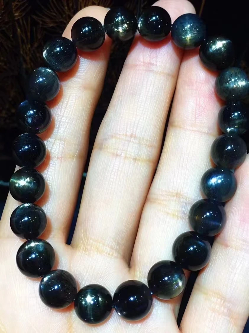 8.5mm Natural Black Sunstone Moonstone Beads Bracelet  Women Men Stretch Flash Light Crystal Clear Round Beads AAAAAA