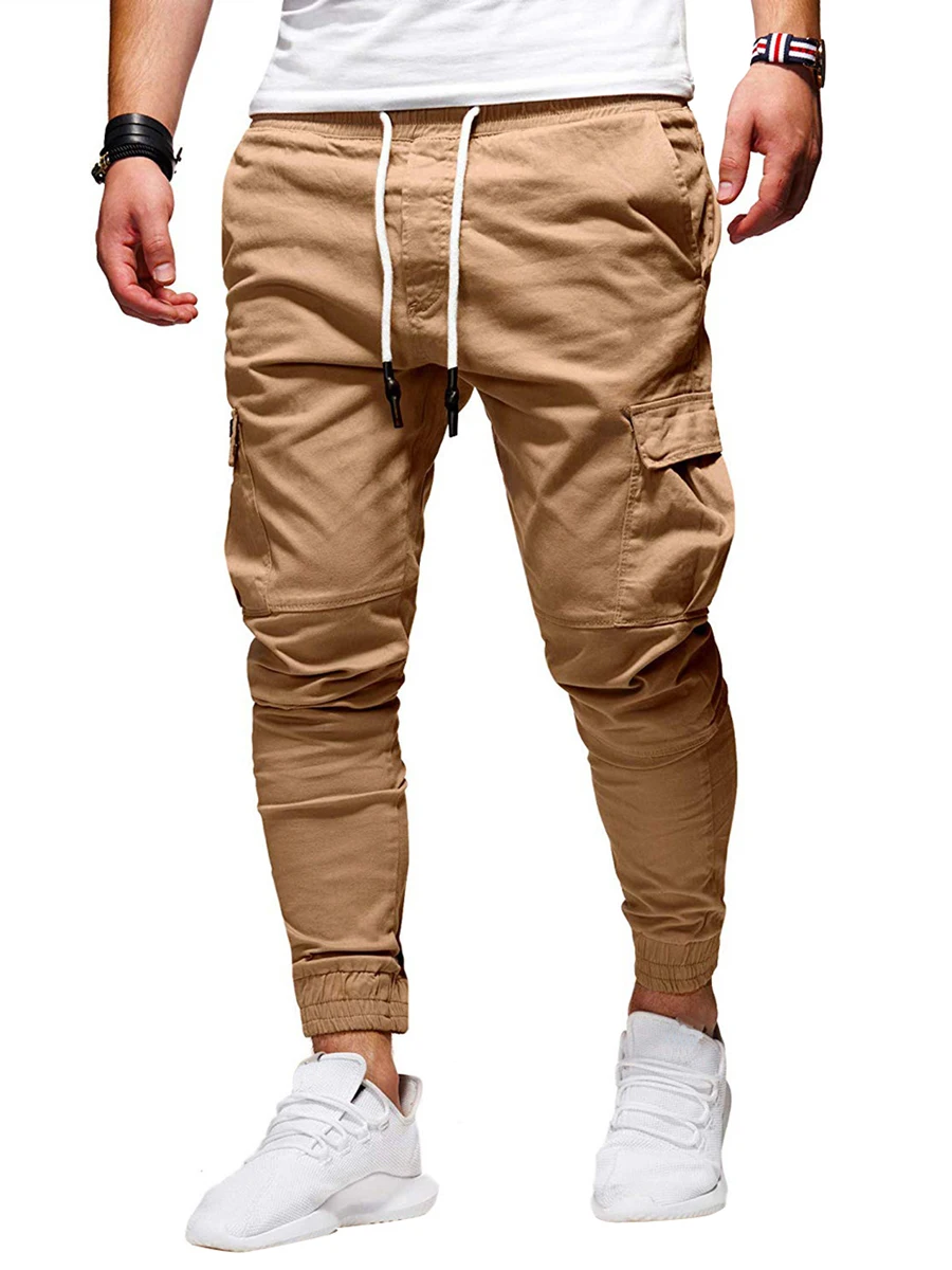 Douhoow Men Casual Jogger Pants Solid Color Drawstring Workout Cargo Trousers Sweatpants with Pockets for Streetwear Clothing