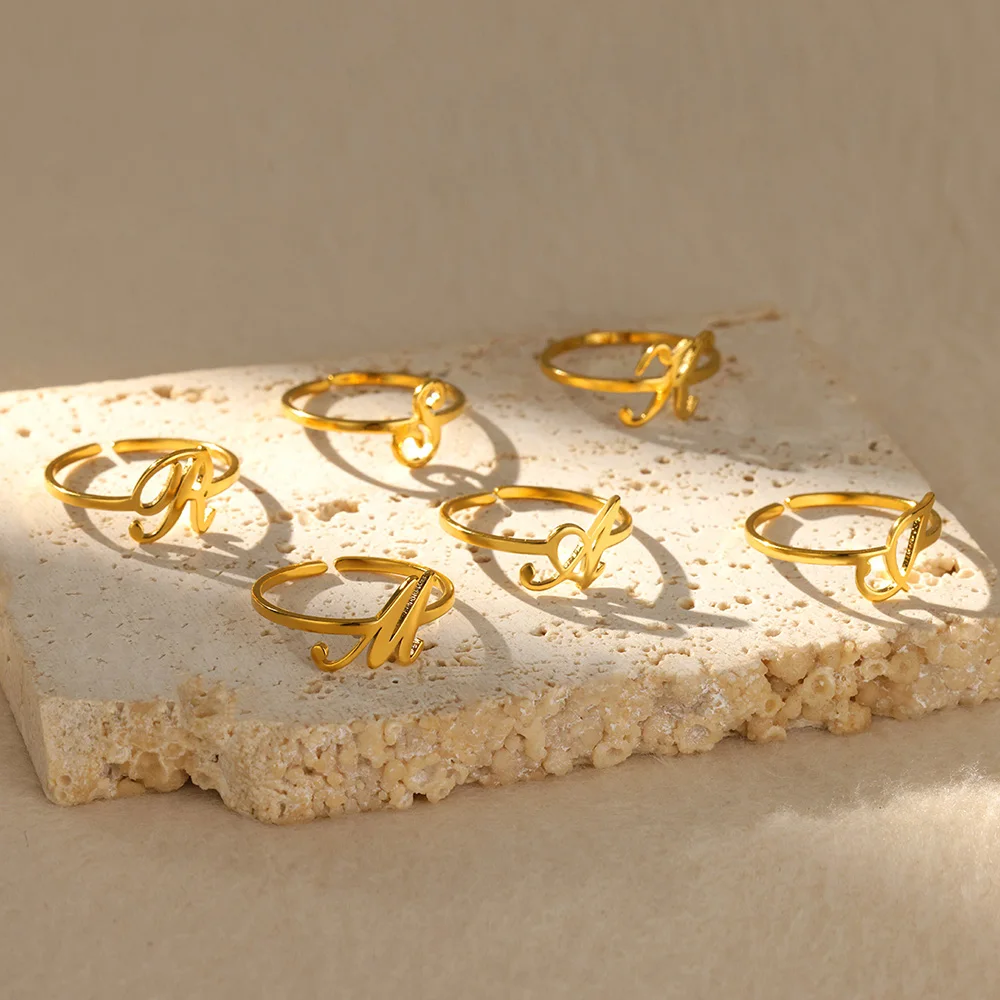 Initial Letter Rings for Women, Gold Color Adjustable A-Z Ring