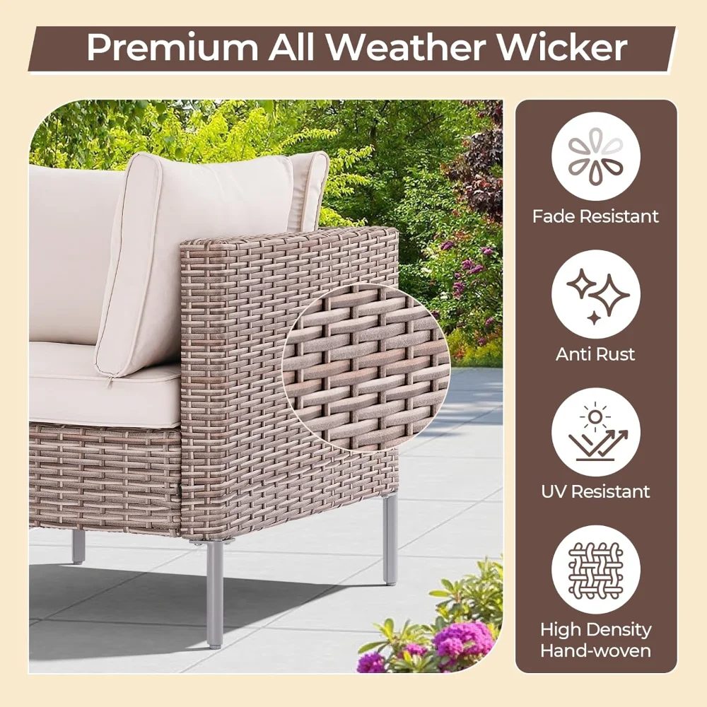 7 Pieces Outdoor Patio Furniture Set with 45” Fire Pit Table, Rattan Patio Sectional Sofa Conversation Set