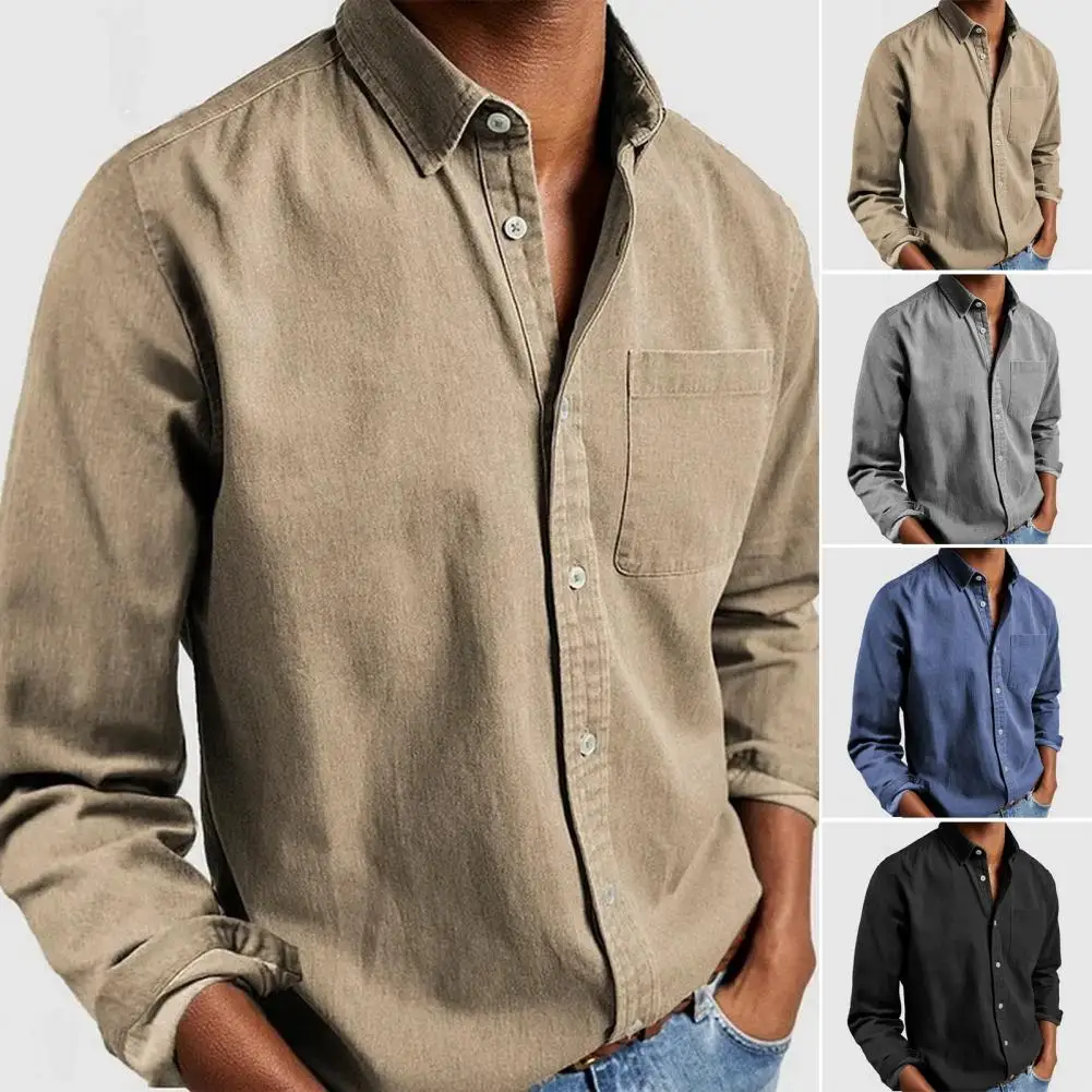 Camisa de manga larga con cuello de solapa para hombre, cárdigan Retro de longitud media con cuello vuelto, diseño de botonadura única para otoño