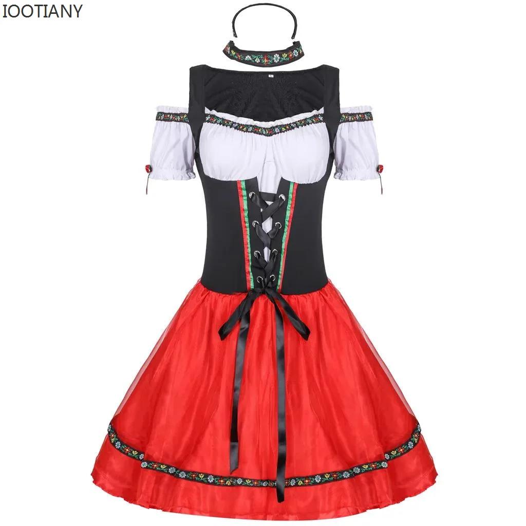 New Women Germany Beer Maid Tavern Wench Waitress Outfit Carnival Oktoberfest Dirndl Costume Dress Cosplay Halloween Fancy Party