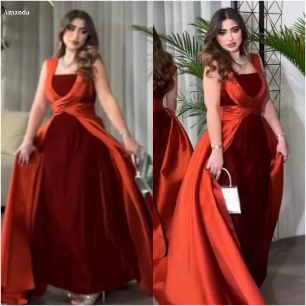 Amanda Customized Red Spaghetti Strap Sleeveless robes de soirée Velvet Criss-Cross Party Dresses Floor-Length  Prom Dress 2024