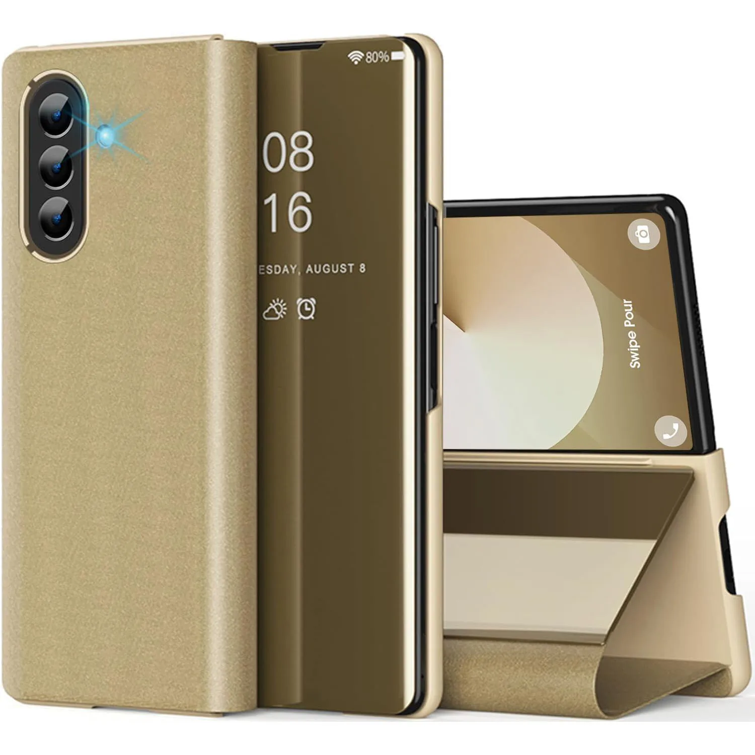 

Mirror Flip Case for Samsung Galaxy Z Fold 7 – PU Leather, Kickstand, Clear View Window