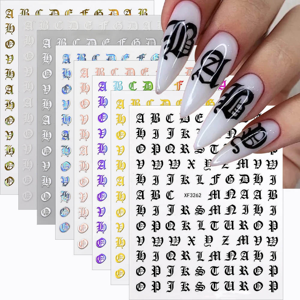 1pcs 3D Gothic Letter Nail Stickers Y2K Big Alphabet Old English Letter Nail Declas White Black Silver Gold  Adhesive Nail Art D