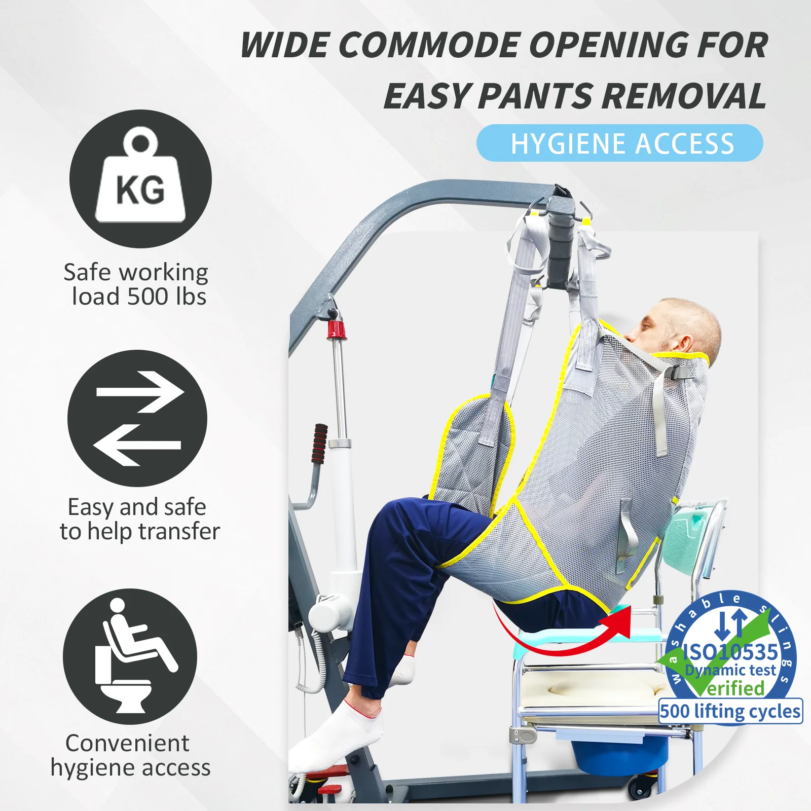 Ehucon Hygiene Transfer Sling Breathable Universal Toileting Mesh Heavy Duty for Disabled Elderly Daily Care Assist 230kg SWL