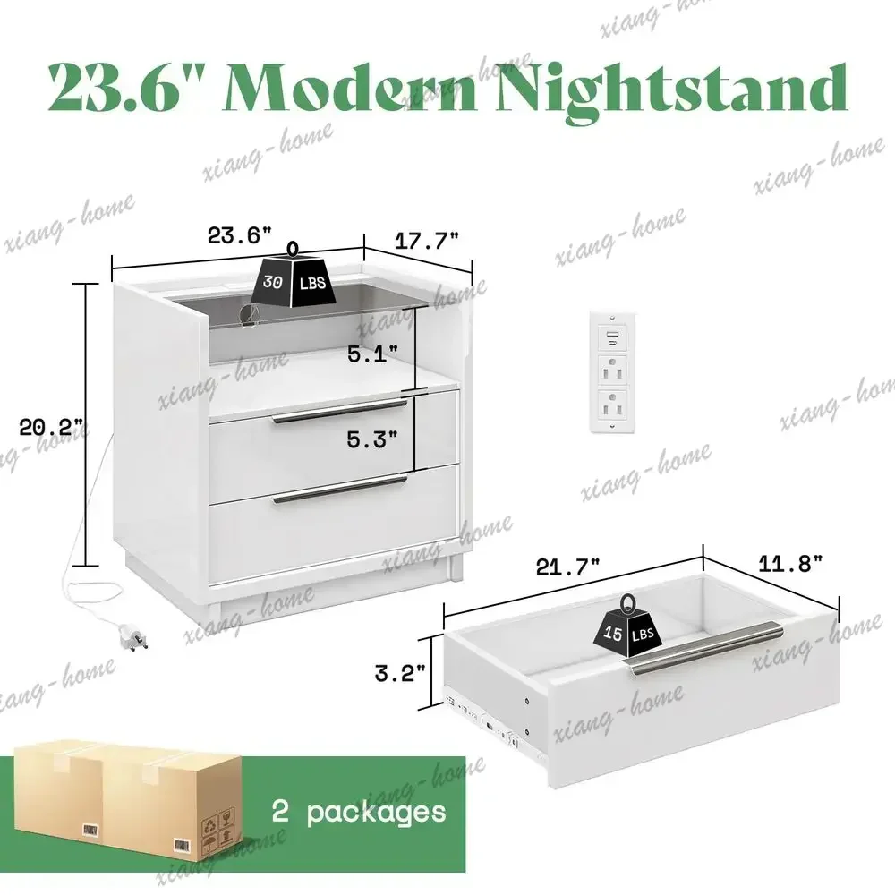 lsNightstand Set of 2, 23.6 End Table with Charging Station, Modern High Gloss Bedside Table with Glass Top, Spacious Drawers am