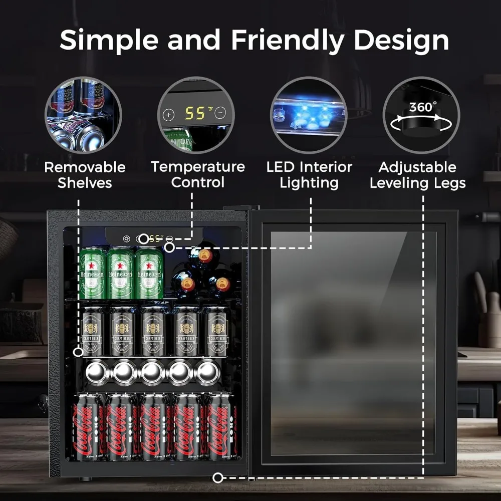 95 can mini fridge with digital temperature control, LED lights, reversible doors, perfect for homes and offices