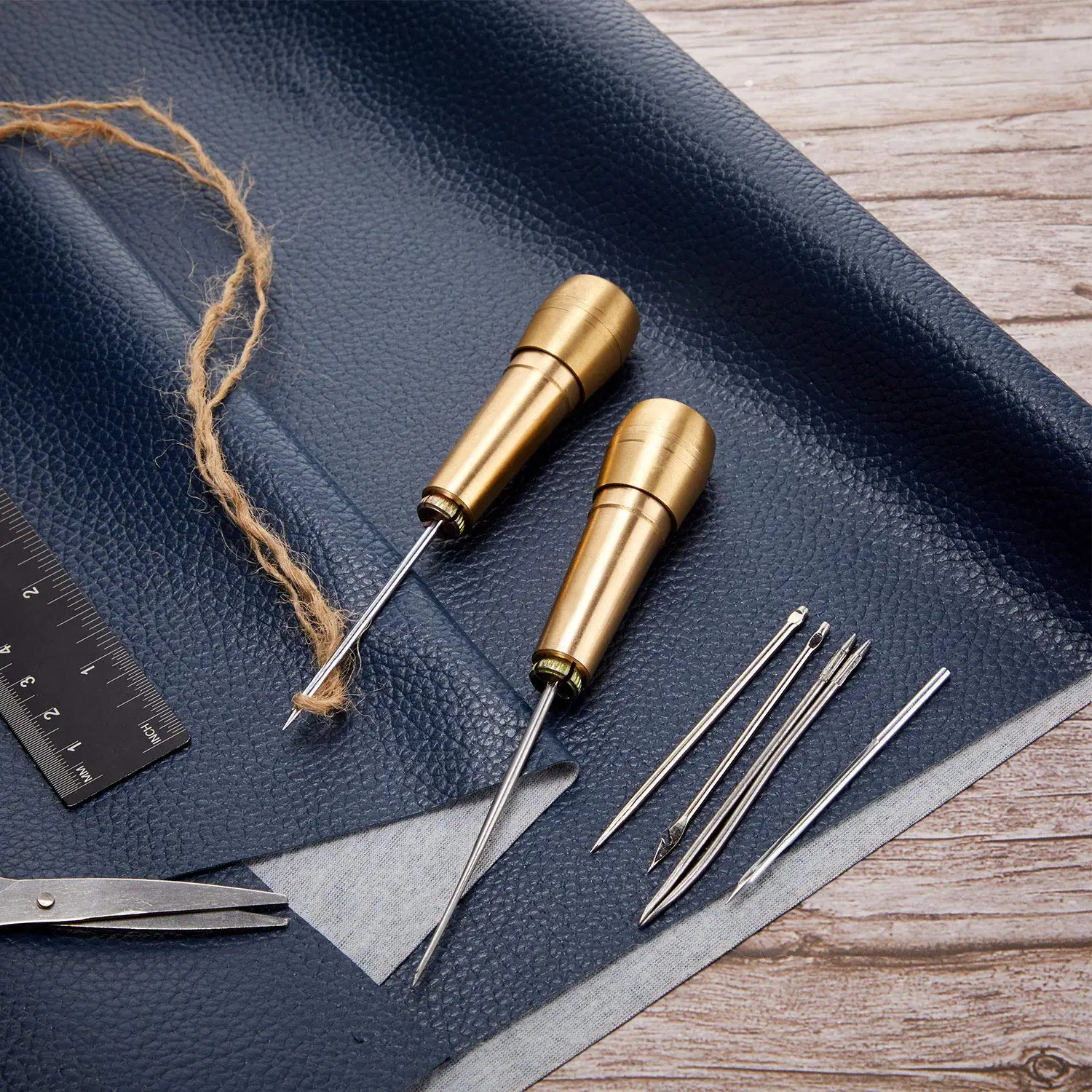 11 Pieces of Handmade Leather Sewing Tools for Shoes and Leather Repairs, 6 Copper Handle Canvas Leather Sewing Tapered Needles