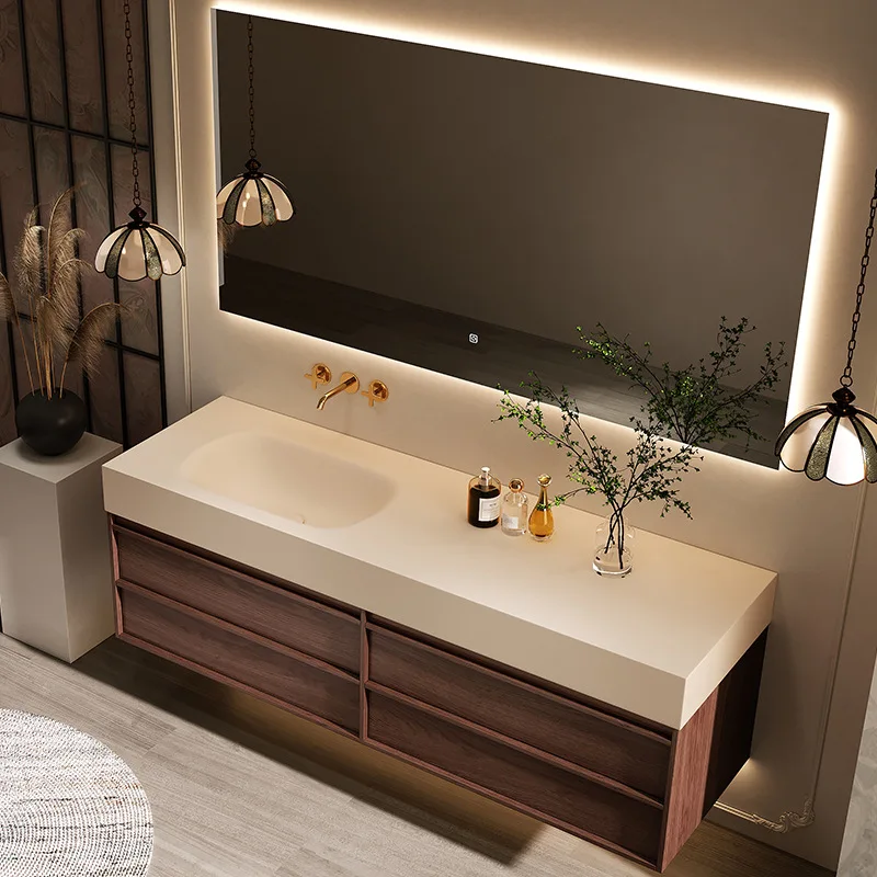Rock slab hot bending seamless integrated basin bathroom cabinet combination antique bathroom hand wash washbasin