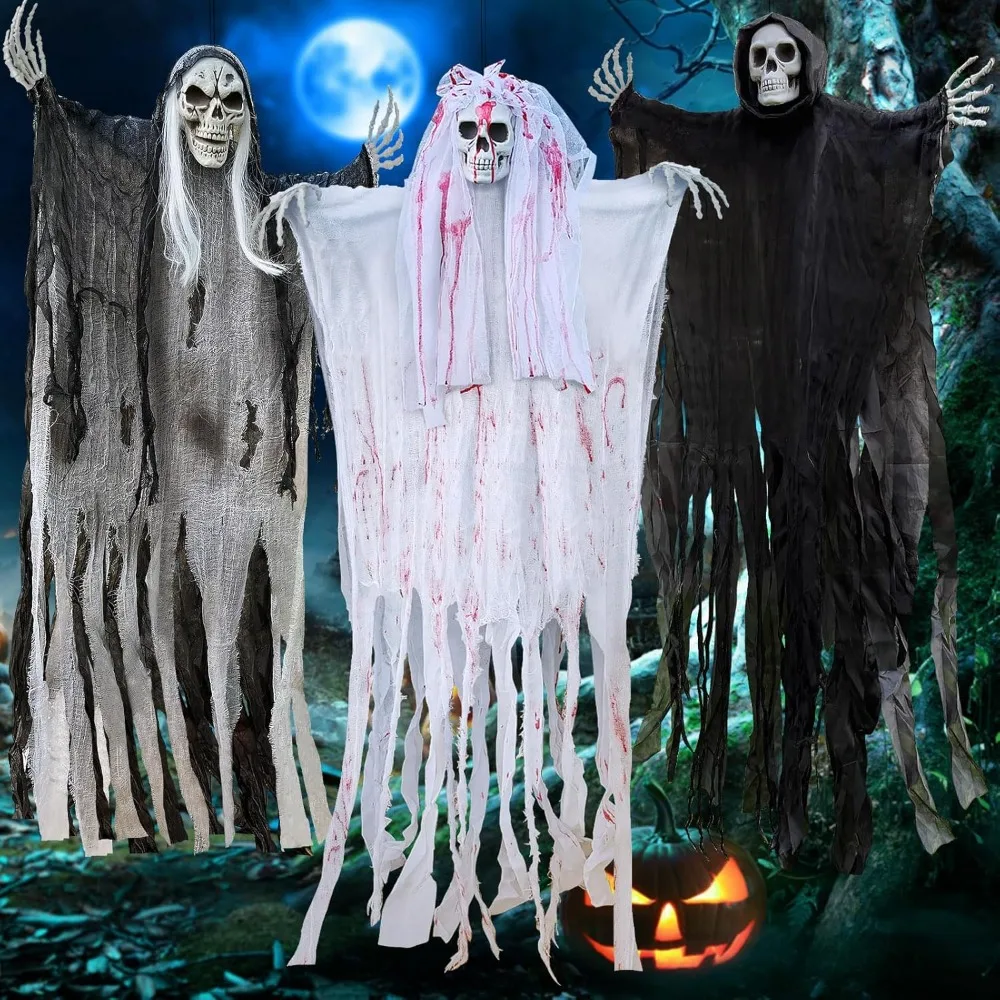 

50inch Halloween Hanging Ghost Decorations Outdoor Indoor, Scary Grim Reaper Skeleton Decorations, Creepy Skull Ghost for Party