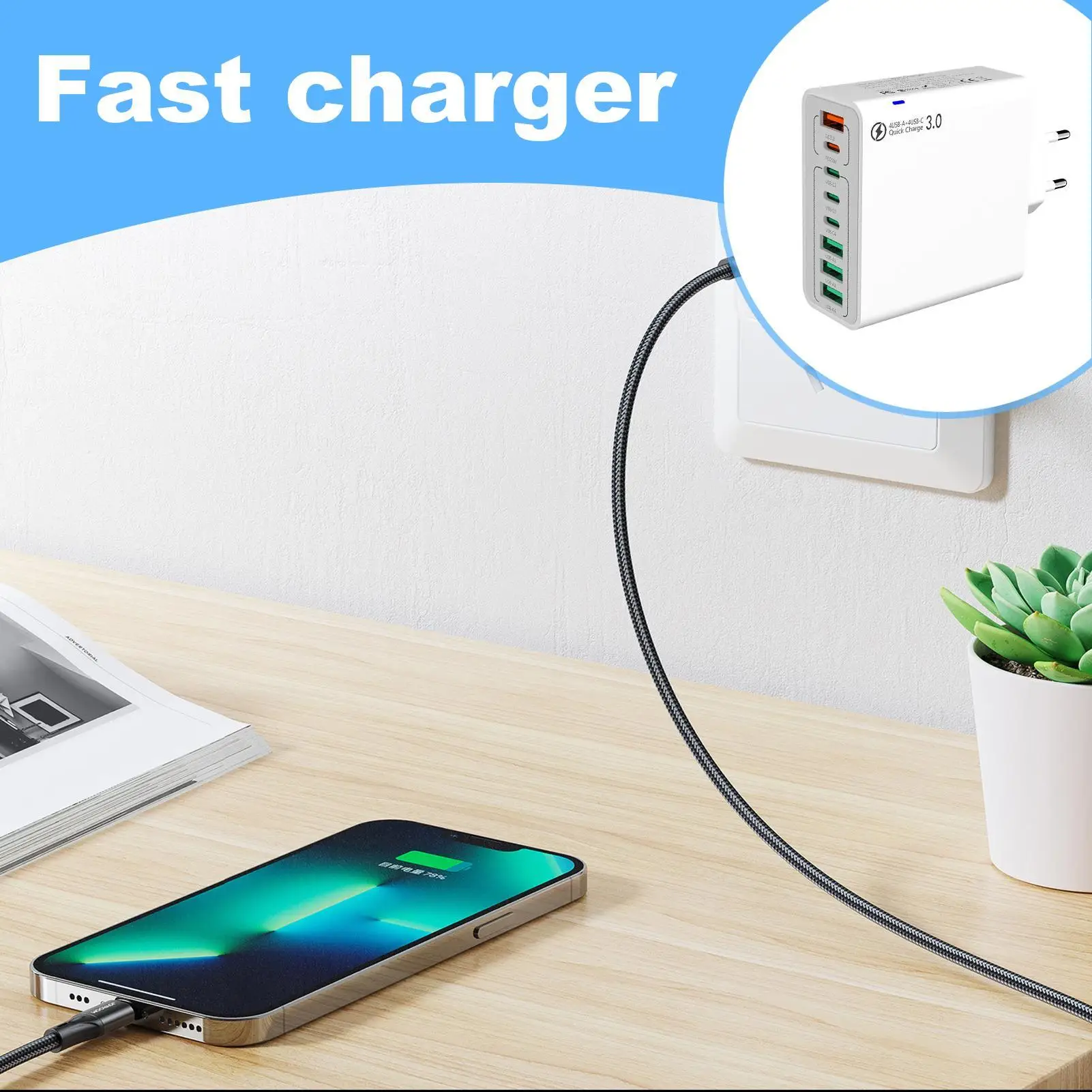 

USB C Charger Block Portable Charger For Phones 120W Multi-Port Fast Charging Device For Smartwatch Phone Computer Travel