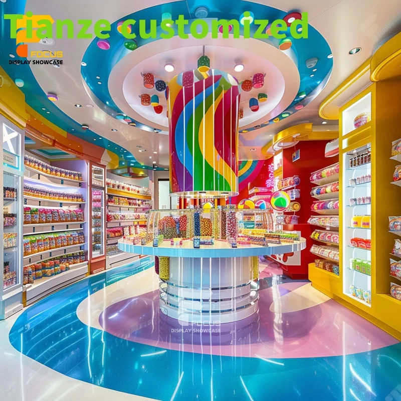 

Customized-New Decoration Supplier Chocolate Store Candy Led Counter Wall Display Sweets Shop Metal Stands Fixture