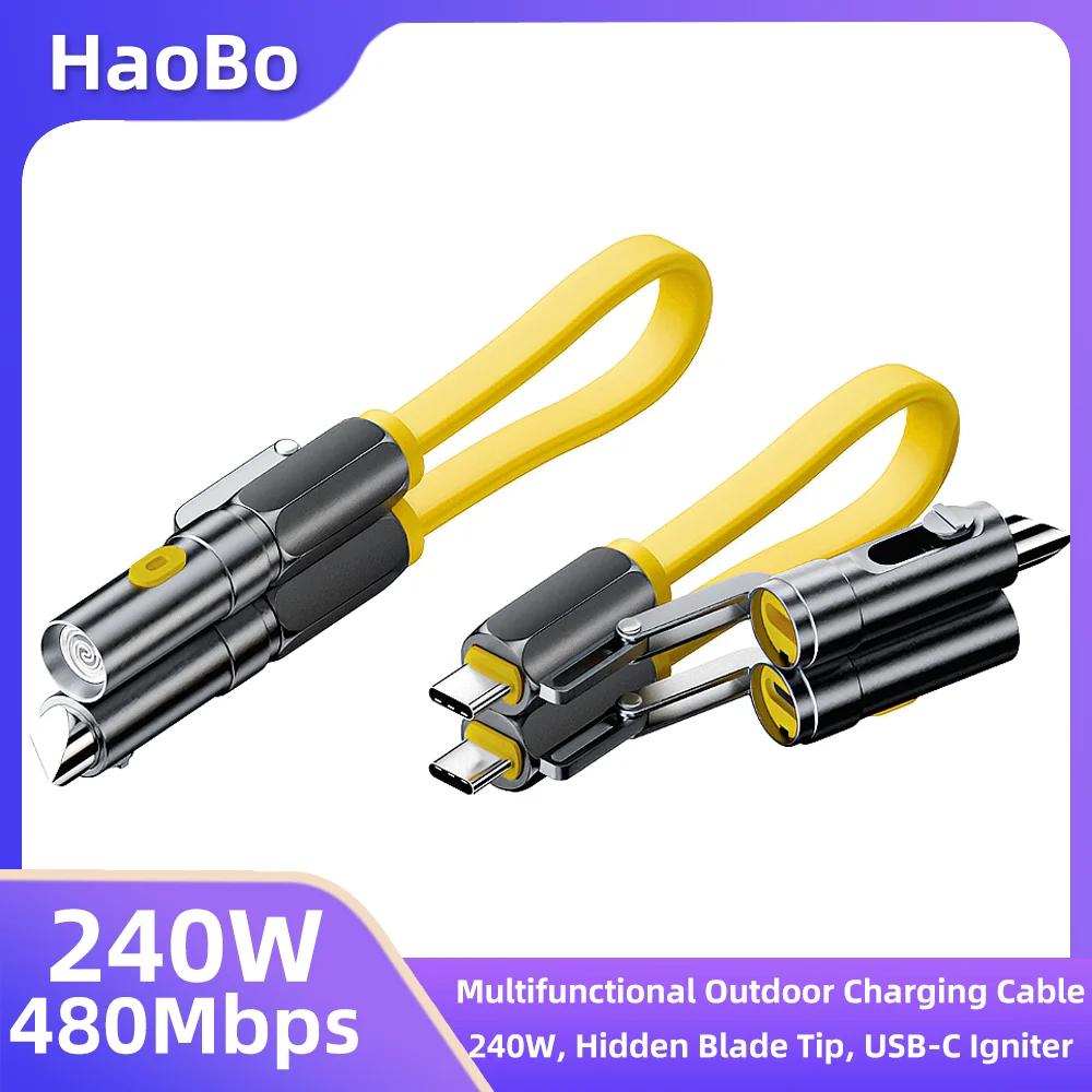 Outdoor Emergency Igniter With Hidden Blade 22cm 240W Dual Type-C Fast Charging Cable Zinc Alloy TPE Multi Function Charger Cord