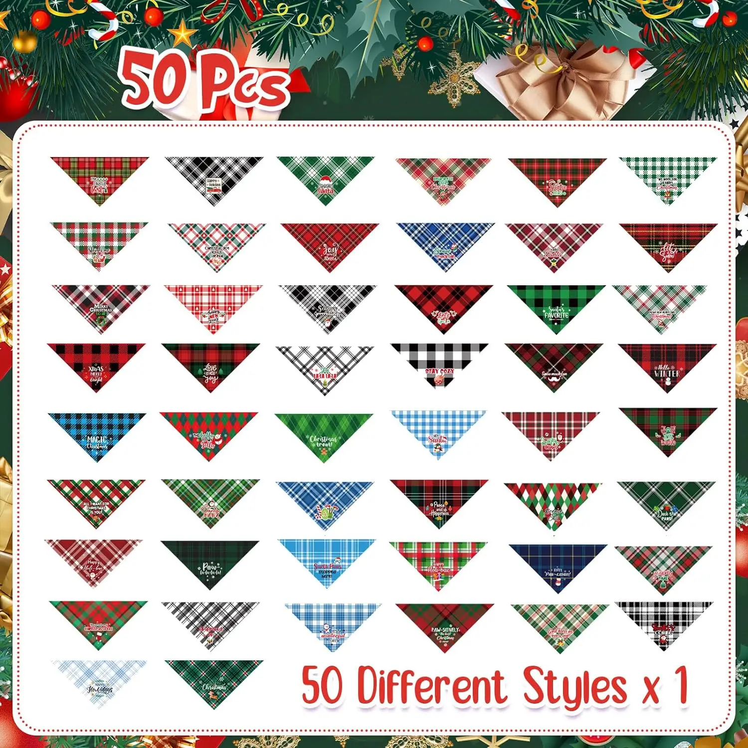 50 Pcs Christmas Plaid Dog Bandanas Bulk Holiday Dog Scarf Bibs Puppy Pet Costume Accessories Grooming Supplies for Cats Dogs