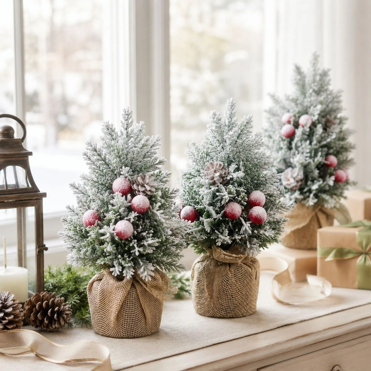 Mini Snow Covered Christmas Tree with Red Berries, Fabric Wrapped Tabletop Ornament for Shop Window Scene Decor