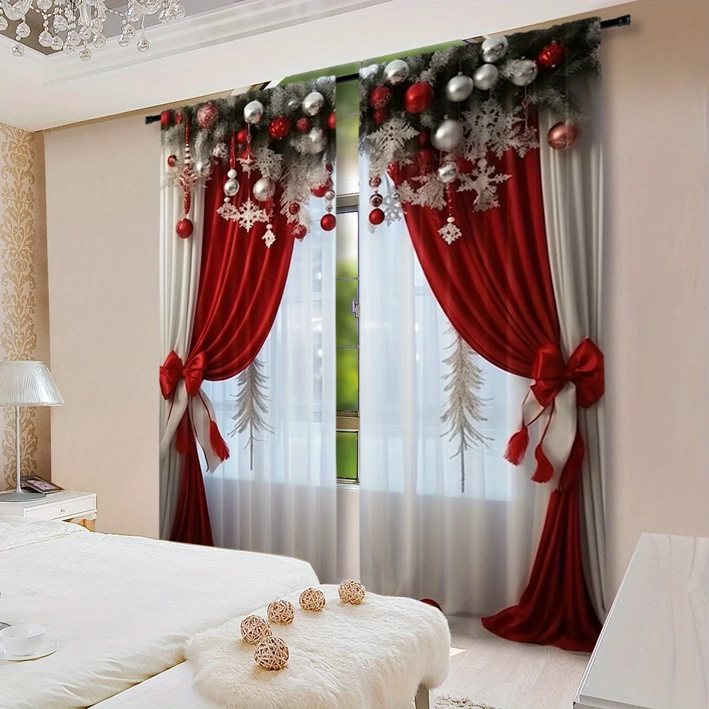 2-Pc Polyester Christmas Curtains with 3D Floral & Ball Digital Print - Rod Pocket Window Drapes for Living Room & Bedroom