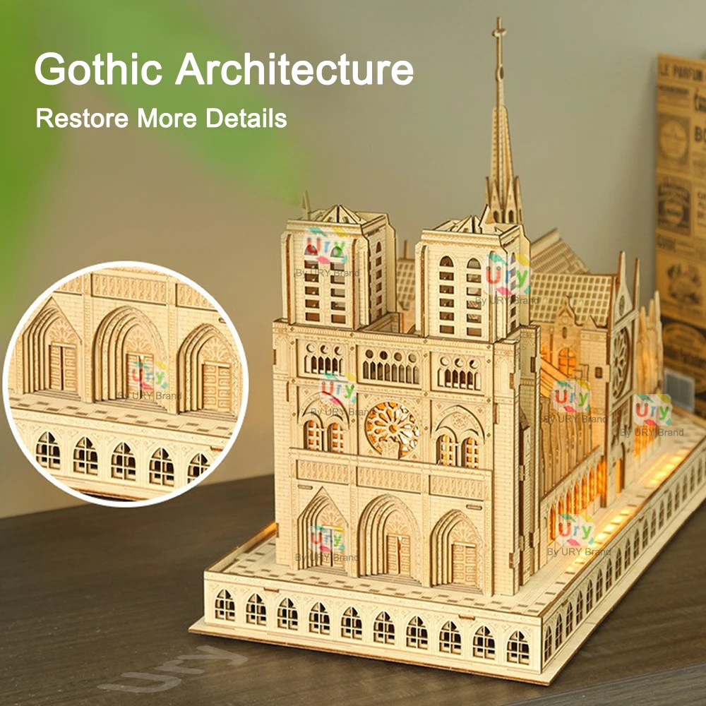 3D Wooden Puzzle Notre Dame Cathedral in Paris Royal Castle With Light Assembly Kits For Adult DIY Model Decoration for Gifts