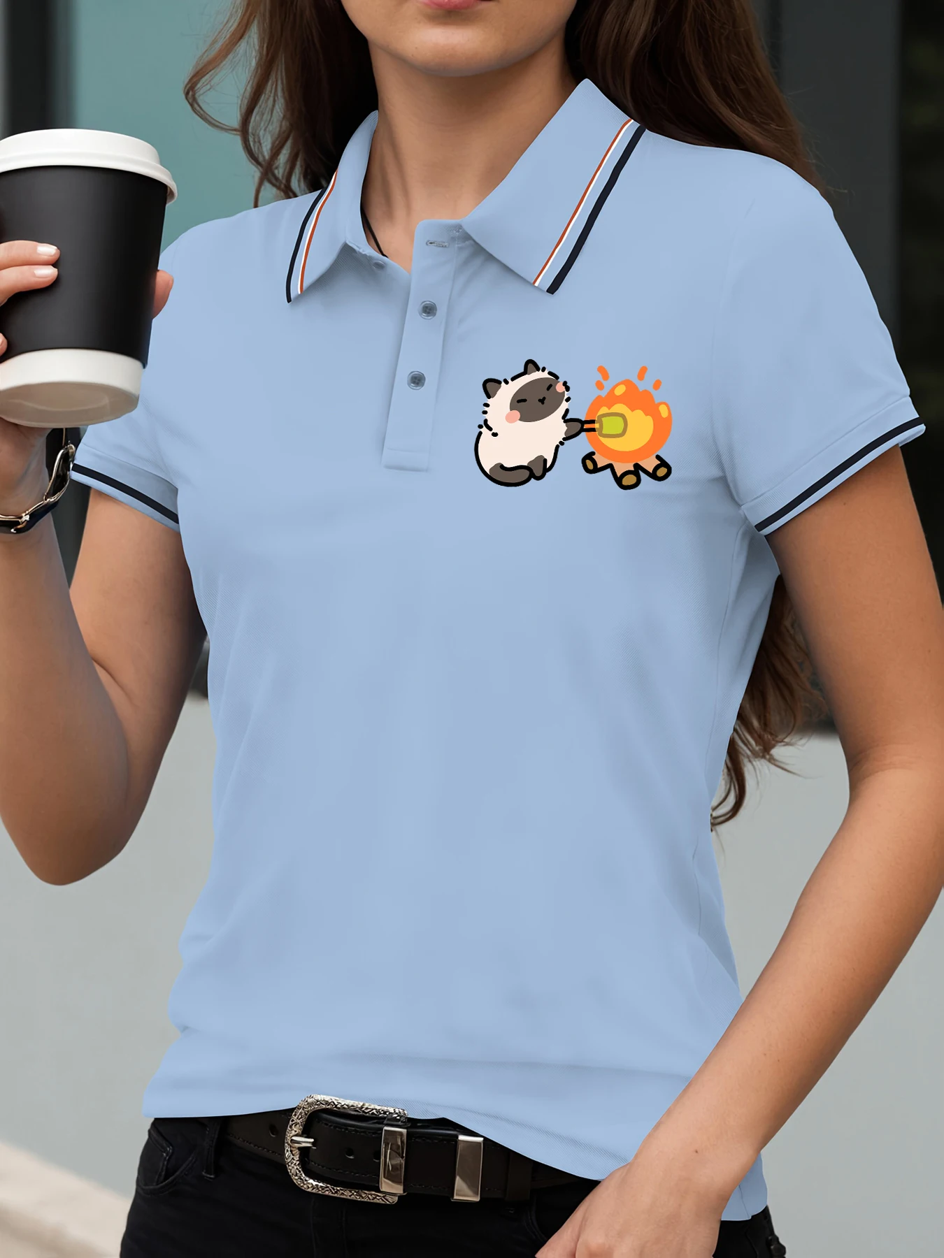 

Siamese Cats Are Barbecuing Printing Women Polo T Shirt Comfortable Soft T-Shirts Hip Hop Summer Clothing Contrast Short Sleeve
