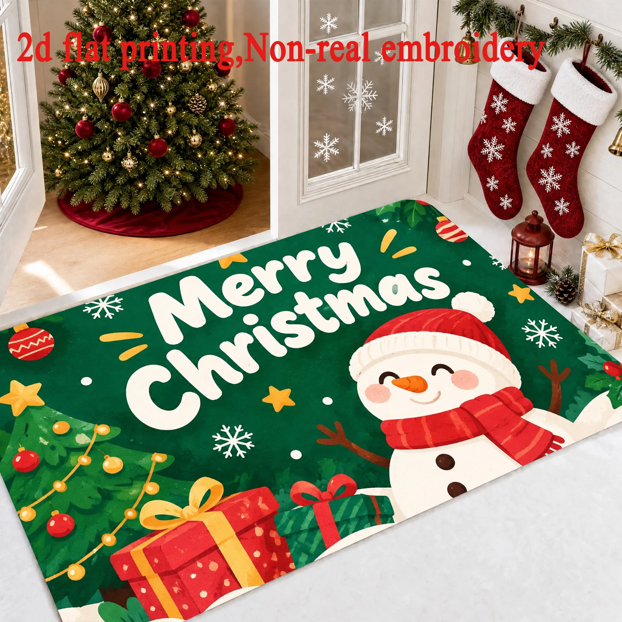 Santa Golden Retriever Christmas Area Rug Festive Snow Scene Print Floor Mat For Kitchen Entry