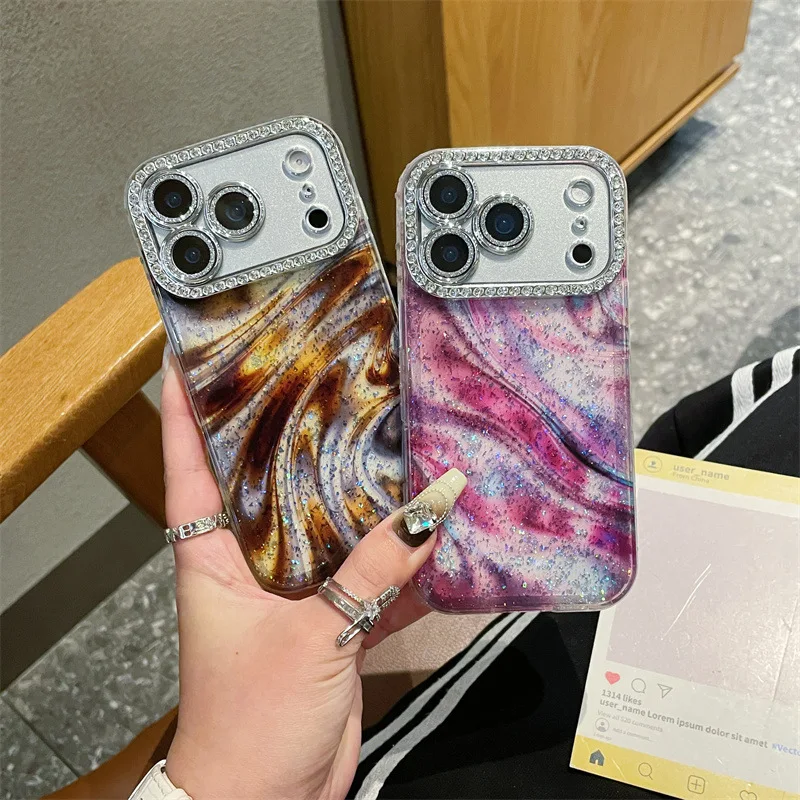 Luxuriöse Handyhülle mit Pailletten-Farbverlauf und Diamantrahmen für iPhone 17, 16, 15, 14, 13, Pro Max, glitzernde Linsenfolie, stoßfeste Schutzhülle