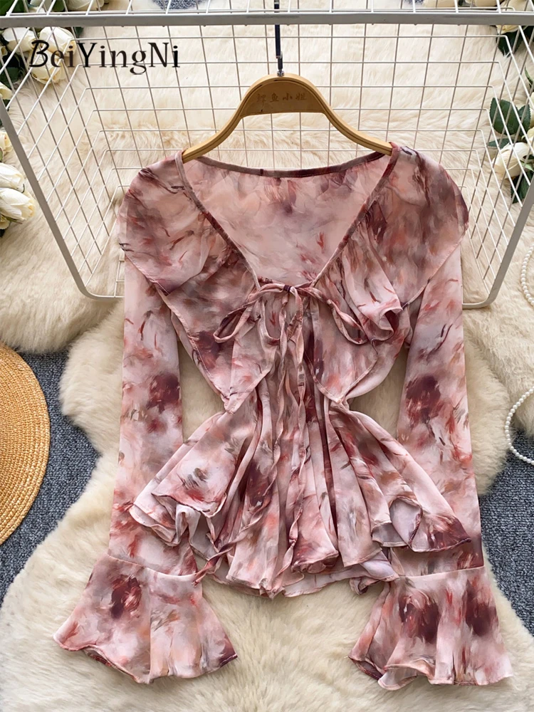 

Beiyingni Summer Fashion Women's V-neck Blouses Gentle Style Ruffles Lace-up Long Sleeve Shirts Female Floral Printing Slim Tops
