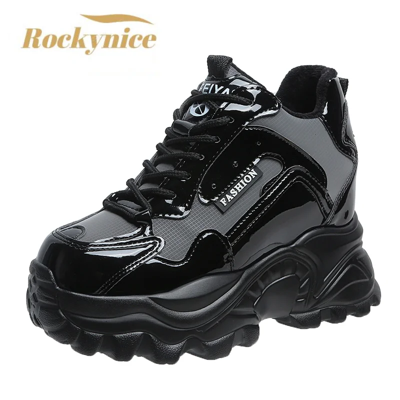 

New Chunky Casual Shoes Women Leather Sneakers Winter Trainers Platform Warm Snow Shoes 8CM Hidden Heels Outdoor Sport Dad Shoes