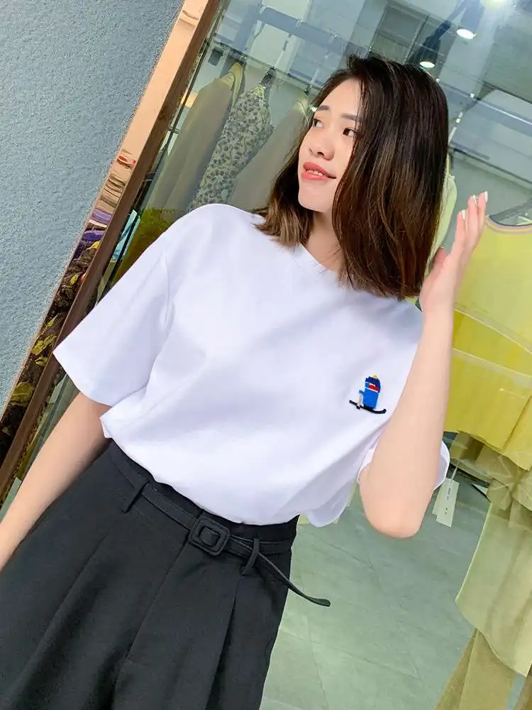 

Летняя женская футболка из чистого хлопка, свободная L-вязаная вышитая повседневная круглая футболка Ne ort Sve, удобный дышащий топ