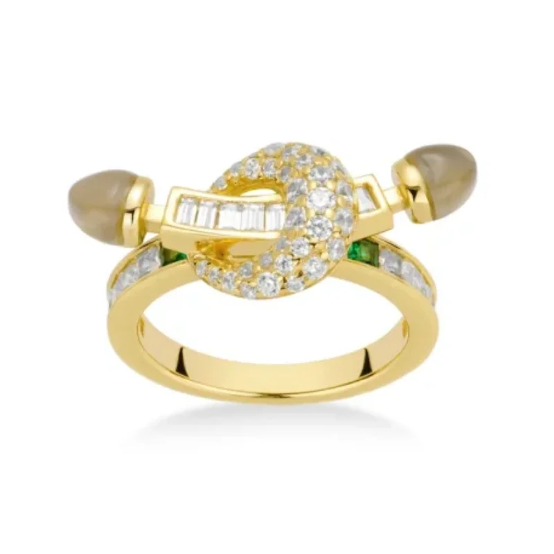 BELLUX 925 Silver Gold Plated Synthetic Zircon White Diamond Arrow Passed Through Circle Full Diamond Smile Unique Ring