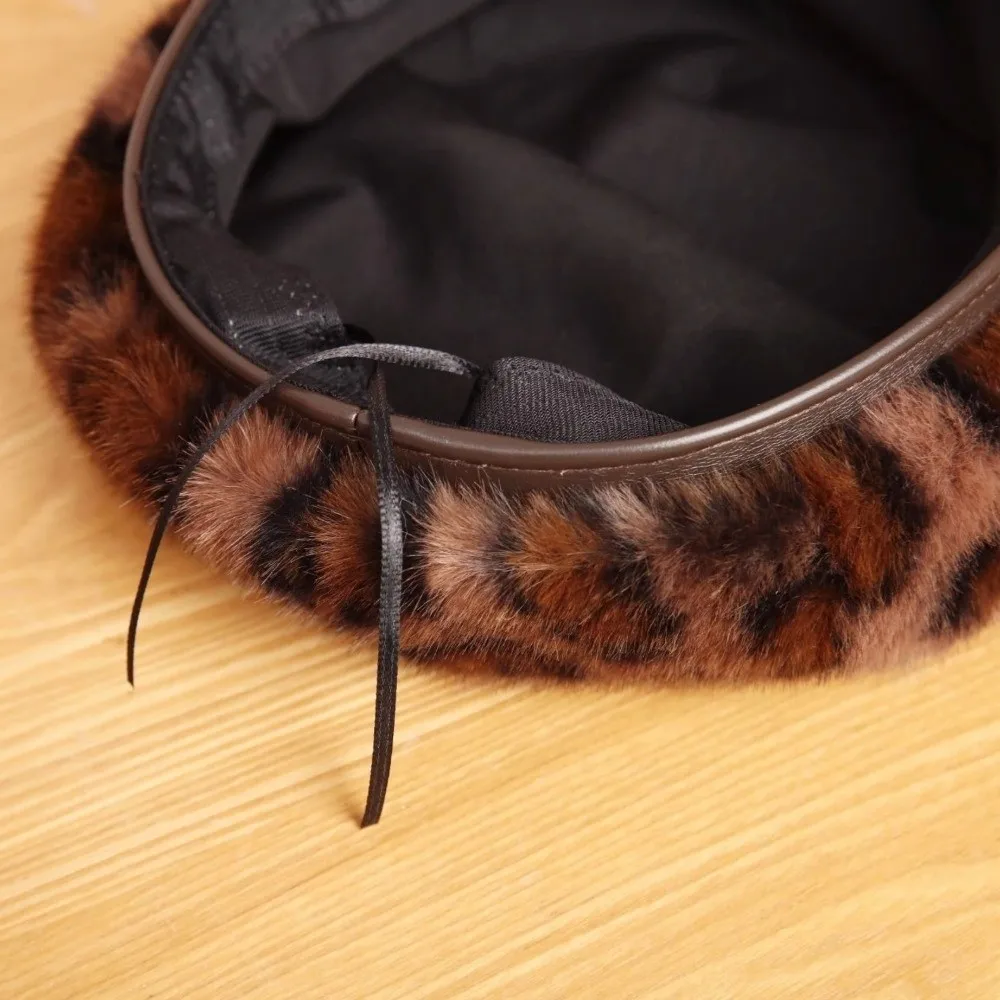 Retro Leather Patchwork Leopard Print Beret Hard Brim Winter Warm Newsboy Cap Artist Hat For Women