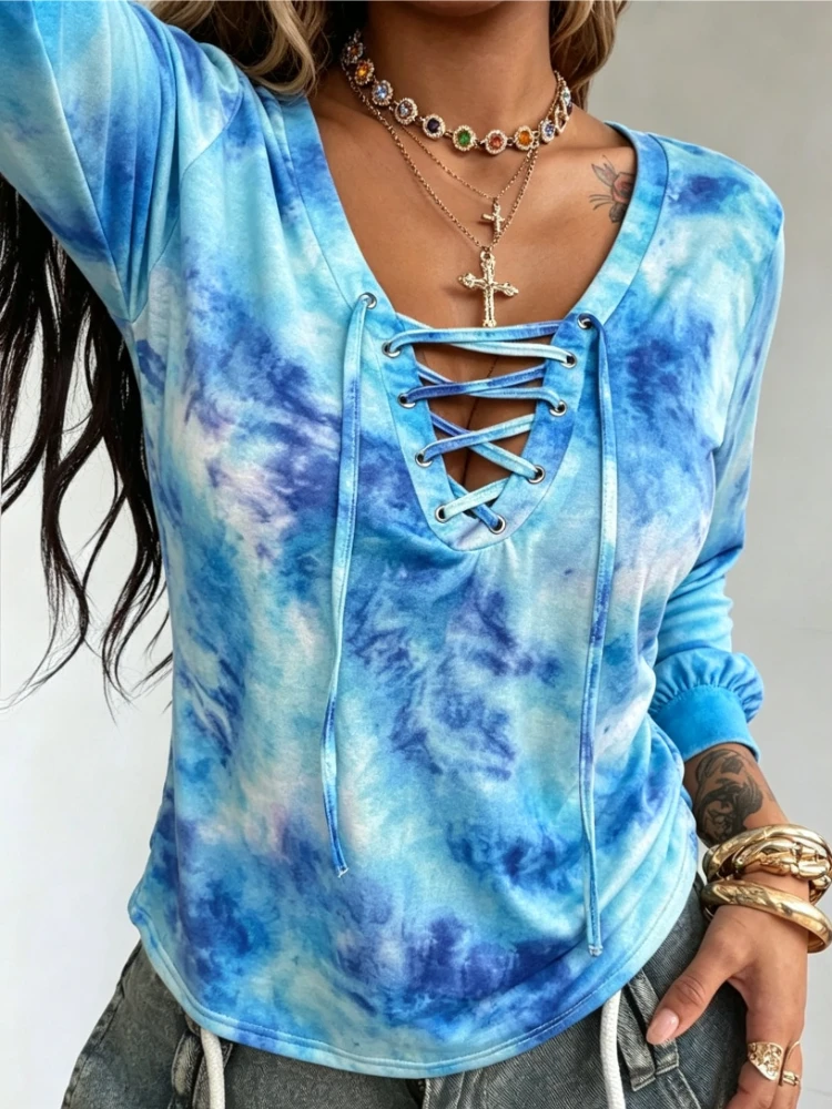 Chic Fall New Y2K Tie-dye Printing Long-sleeved Tees Large-size Women's Clothing Lace-up Variegated Pullover Hip-hop Streetwear