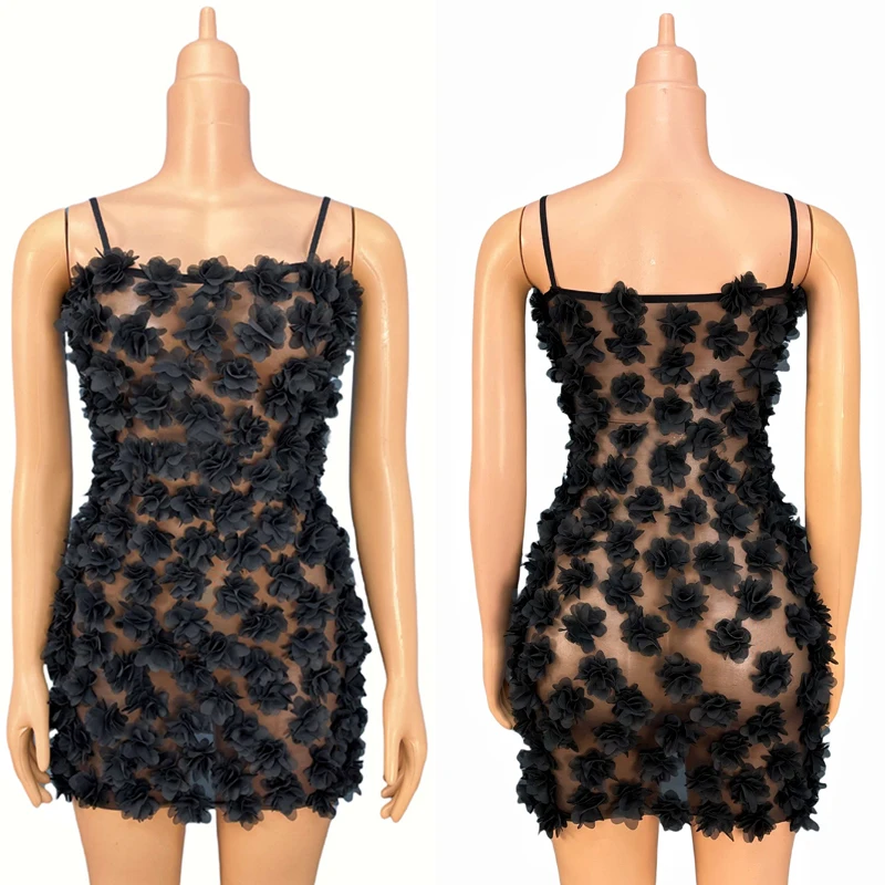 

Full Black Flowers Party Jazz Dance Dress Women Celebrate Evening Dresses Festival Outfit Singer Stage Performance Wear XS9654