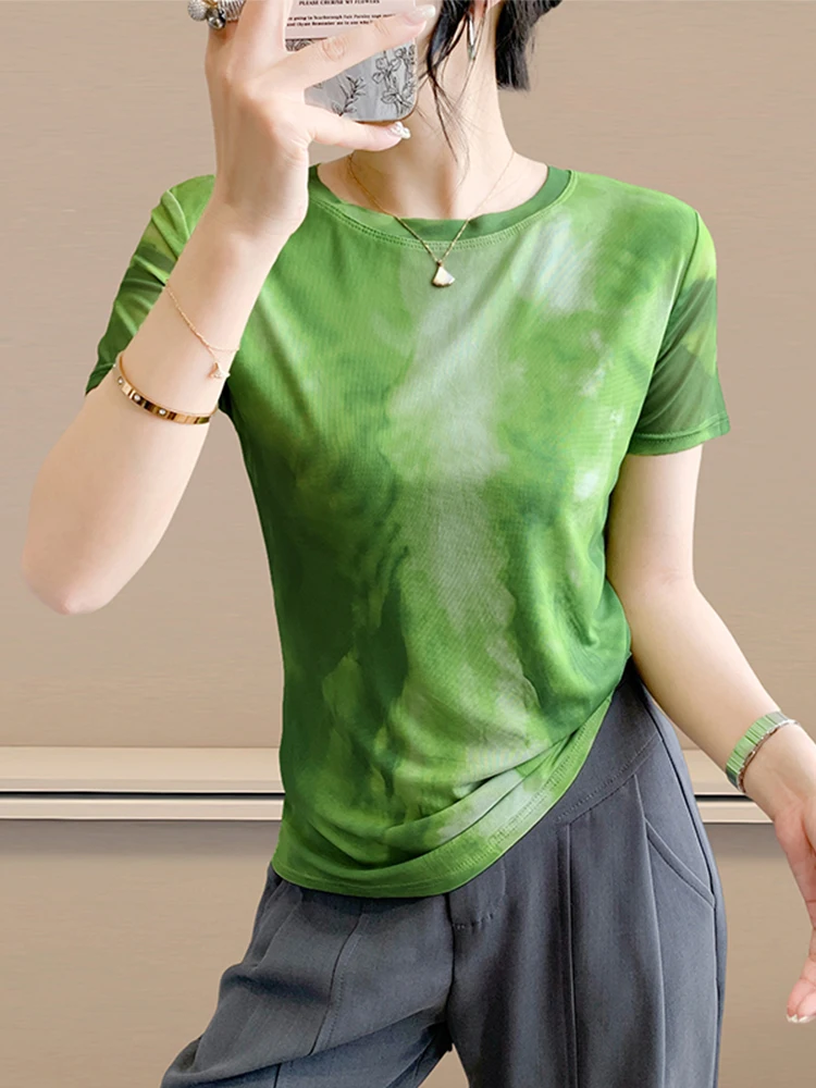 Sommer Neue Faion Street Sle Slim Fit Eis Seide Me T-shirt frauen ort Sve Gedruckt Vielseitig Abnehmen Trendy Top