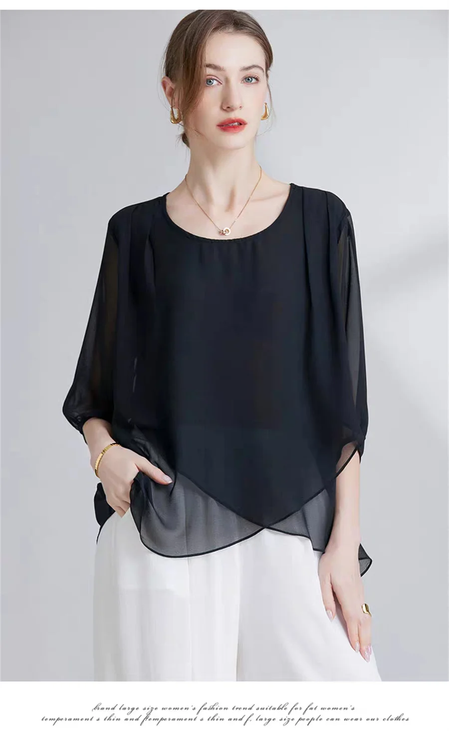 Korean Style Chiffon Plus-Size Women's Top Sexy Mid-Sleeve Black White Blouse Fashion Irregular Design