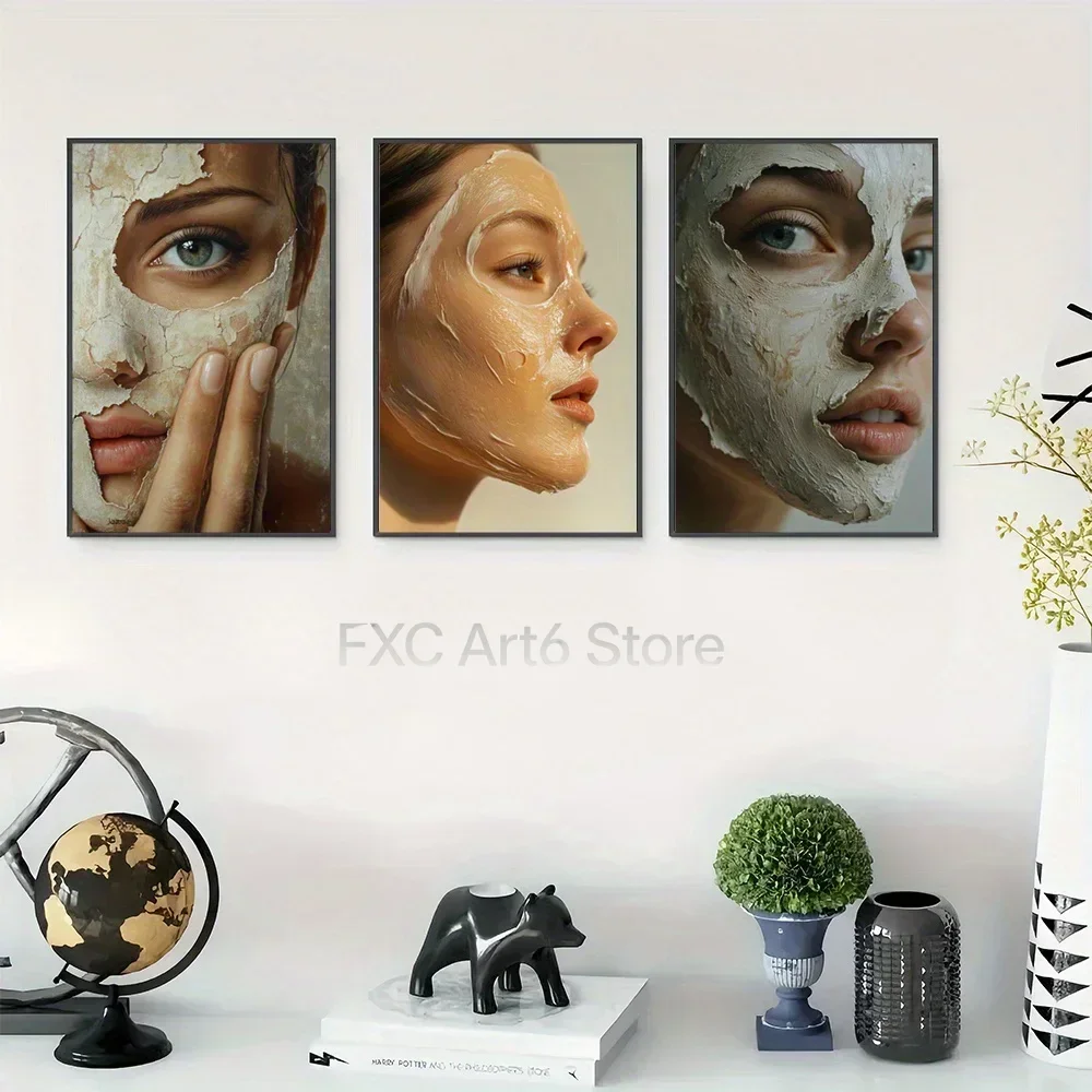 3pcs frameless -2D Flat,, Set of 3  Wall Art Pieces for Skincare Solutions, Canvas Prints of Facial Care Ritua